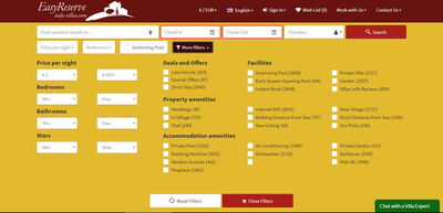 Italy Villas, zoekfilters