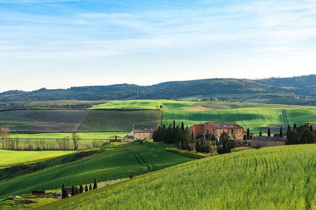 Uitzicht op velden en heuvels in Toscane