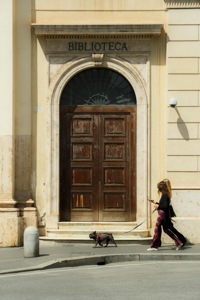 Met de hond wandelen in een Italiaanse stad