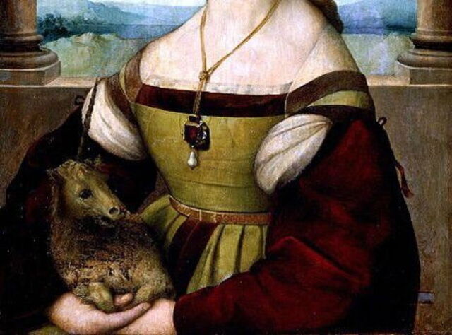 Portret van jonge vrouw met eenhoorn, Raphael, detail