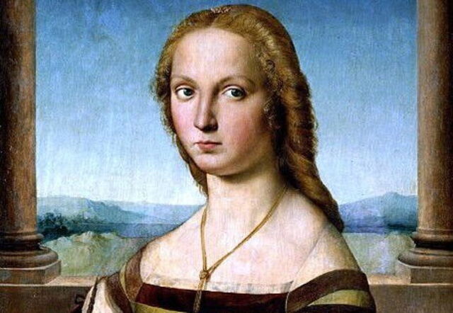 Portret van jonge vrouw met eenhoorn, Raphael, detail