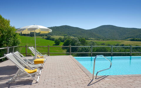 Villa Guardistallo: Lucht, Water, Fabriek, Zwembad, Boom, Schaduw, Buitenmeubels, Land Lot, Berg, Gras