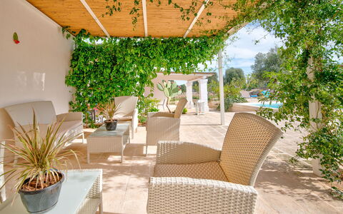 Masseria Tufo Bianco: Fabriek, Meubilair, Tafel, Stoel, Kamerplant, Buitenmeubels, Schaduw, Bloempot, Boom, Arecales