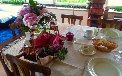 Villa Fulvia: Tafel, Tableware, Meubilair, Dishware, Bloem, Voedsel, Fabriek, Bord, Venster, Tafelkleed