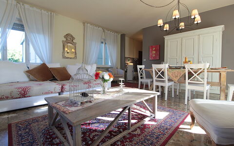Provenzale Apartment, Garda Lake, Jacuzzi, Fitness: Tafel, Eigendom, Meubilair, Venster, Decoratie, Interieur Ontwerp, Bankstel, Verdieping, Woonkamer, Flooring