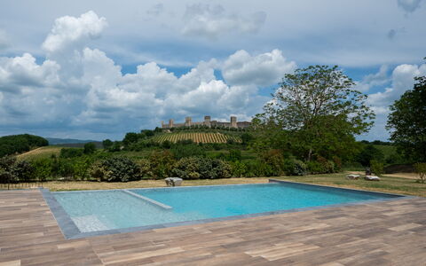 Le Torri, Borgo Campassini, Monteriggioni: Zwembad, Tuin, Flagstone, Landscaping, Schaduw, Houten Vloer, Gang, Backyard, Buitenmeubels, Tegel