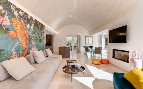 Trullo Brenda: Flooring, Interieur Ontwerp, Meubilair, Verdieping, Plafond, Huis, Woonkamer, Toevlucht, Bankstel
