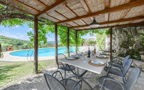 Villa Poggio La Croce: Meubilair, Buitenmeubels, Stoel, Zwembad, Buitentafel, Toevlucht, Flagstone, Eco Hotel, Schaduw, Keuken En Eettafel