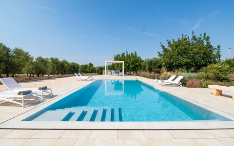 Villa Prestige: Blauw, Zwembad, Toevlucht, Samengesteld Materiaal, Buitenmeubels, Schaduw, Eco Hotel, Waterpartij, Recreatiecentrum, Thermae
