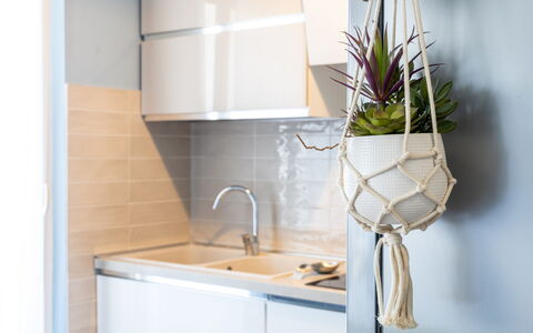 Altamarea Apartment: Interieur Ontwerp, Bloempot, Keuken, Flooring, Verdieping, Kamerplant, Countertop, Kamer, Vaas, Cabinetry