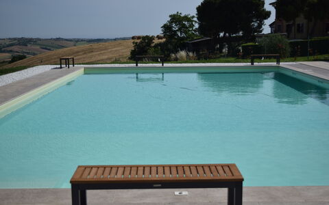 Casa In Collina: Blauw, Zwembad, Samengesteld Materiaal, Schaduw, Buitenmeubels, Toevlucht, Ontwerp, Landscaping, Tegel, Waterpartij