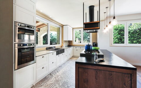 Villa Carciofa: Keuken, Countertop, Interieur Ontwerp, Toestel Van De Keuken, Cabinetry, Hout, Plafond, Flooring, Meubilair, Lichte Inrichting