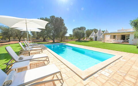 Trulli Heaven: Blauw, Zwembad, Landgoed, Schaduw, Toevlucht, Landscaping, Tuin, Hacienda, Gazon, Villa