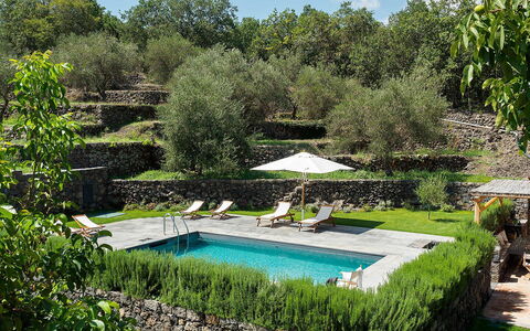 Villa Alcantara: Zwembad, Struik, Tuin, Toevlucht, Backyard, Landscaping, Eco Hotel, Schaduw, Werf, Flagstone