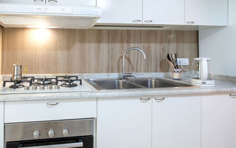 Apartment Bud: Keuken, Toestel Van De Keuken, Countertop, Major Appliance, Cabinetry, Interieur Ontwerp, Hout, Gootsteen, Fornuis, Fornuis