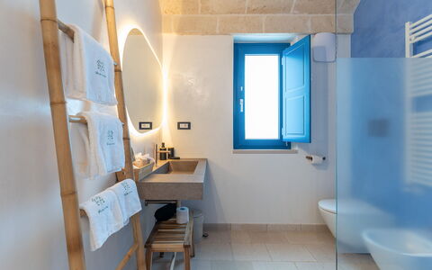Tenuta Emma: Blauw, Muur, Flooring, Verdieping, Samengesteld Materiaal, Loodgieterswerkinrichting, Plafond, Lichte Inrichting, Tegel, Badkamer