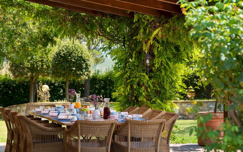 Villa Allodola 12: Meubilair, Tafel, Buitenmeubels, Buitentafel, Stoel, Tuin, Schaduw, Bloempot, Keuken En Eettafel