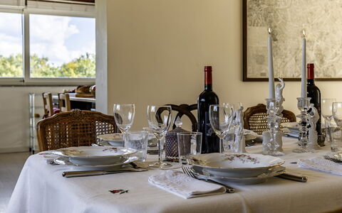 Villa Sparta 8+2: Meubilair, Tableware, Glaswerk, Interieur Ontwerp, Tafel, Drinkware, Tafelkleed, Textiel, Eetkamer, Stoel